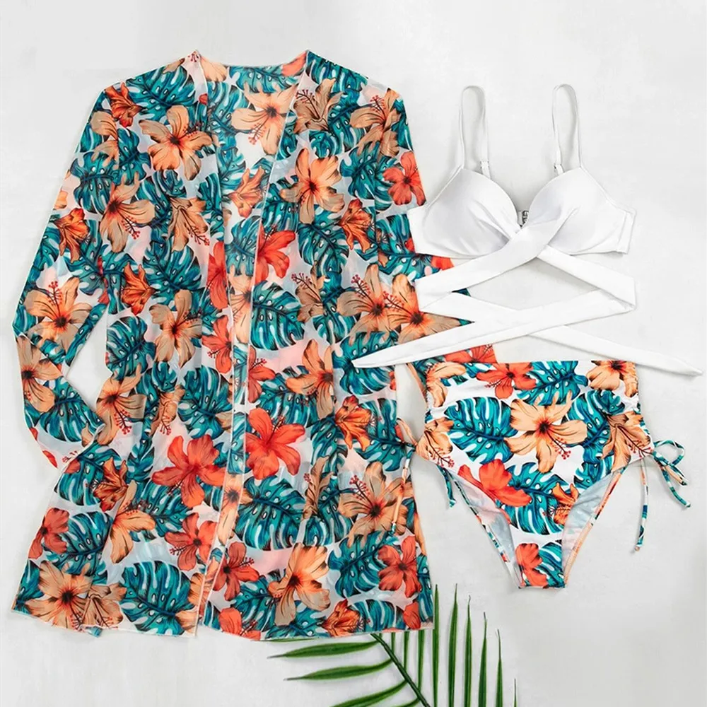 Sexy Printed Cloak Bikini Fashionable Bikini Summer Swimwear female Women's Three-piece Sexy Split Bikini high-waist bikini suit