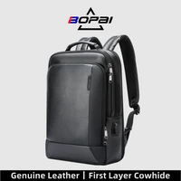 bopai men genuine leather backpack waterproof usb bagpack black laptop backpack 15 6 inch travel anti theft backpack business