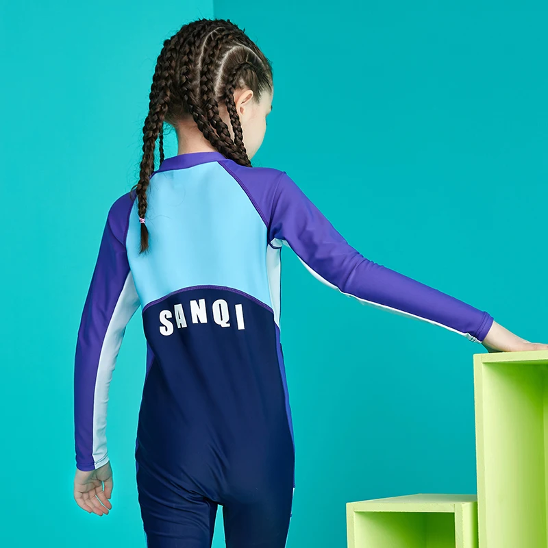 

Girls Patchwork Swimsuit One Piece Swimwear Kids Long Sleeve Beachwear Children Bathing Suit With Cap Zipper High Neck Boys