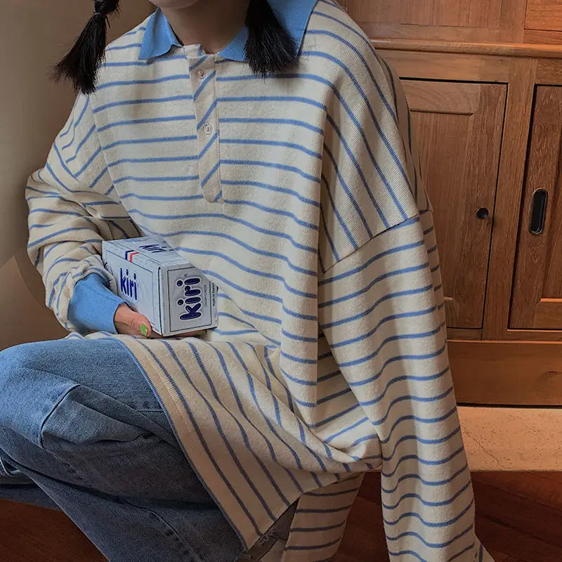 

Polo Collar Hoodies Women Striped Sweatshirt Korean 2021 Spring Autumn Vintage Loose Casual Oversized Top Harajuku Long Sleeve