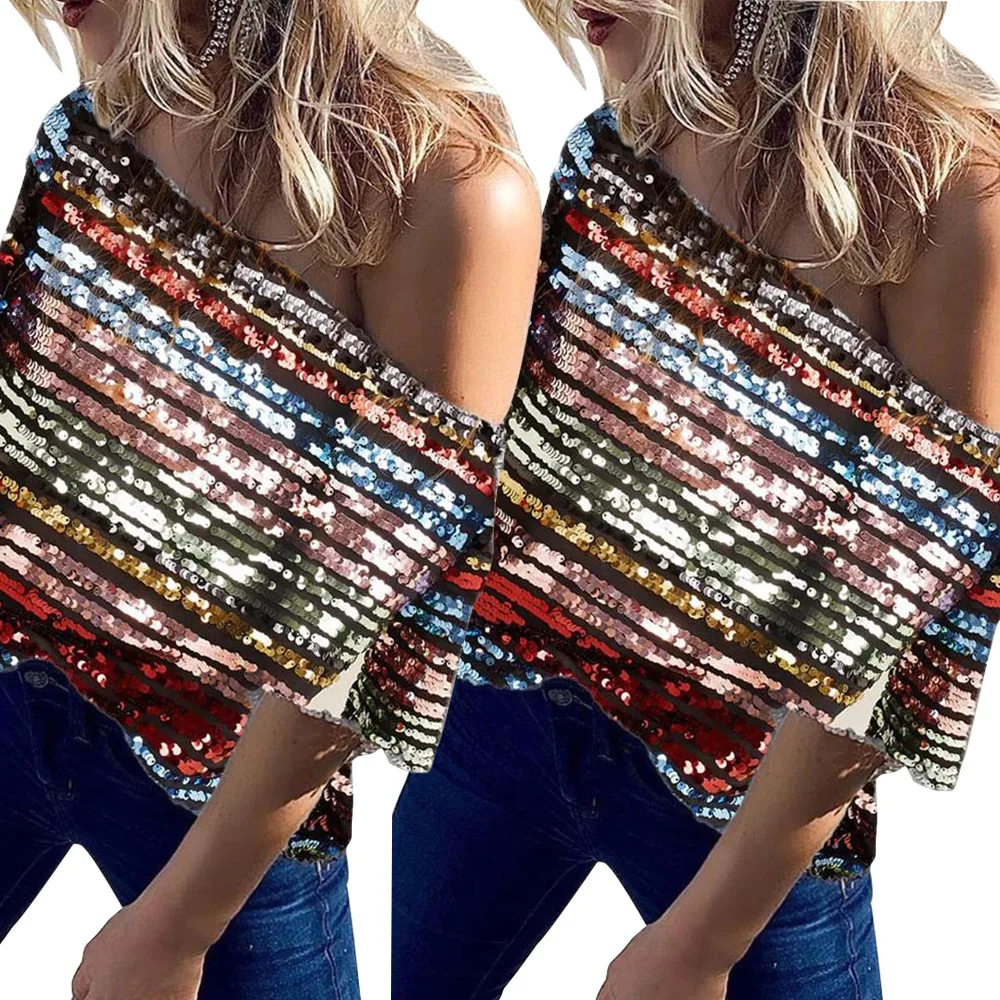 

European and American summer hot styles, colorful sequins, round neckline with lining, tops, nightclub clothes