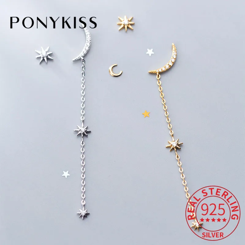 PONYKISS, настоящее 925 пробы, серебро, циркон, звезда, луна, асимметричная кисточка, висячие серьги, для женщин, нежный, элегантный аксессуар, прекрасный подарок