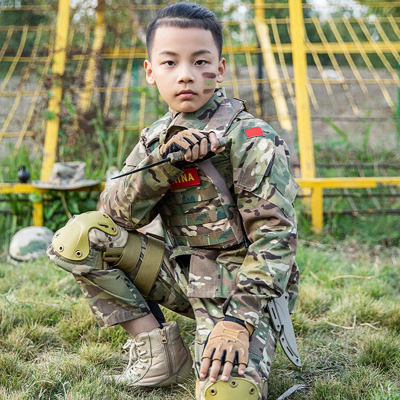 

Teenager Boys Military Uniform Tactical Combat Jacket Pants Set Camouflage CP Jungle Print 2PCs Kids Special SWAT Army Suit