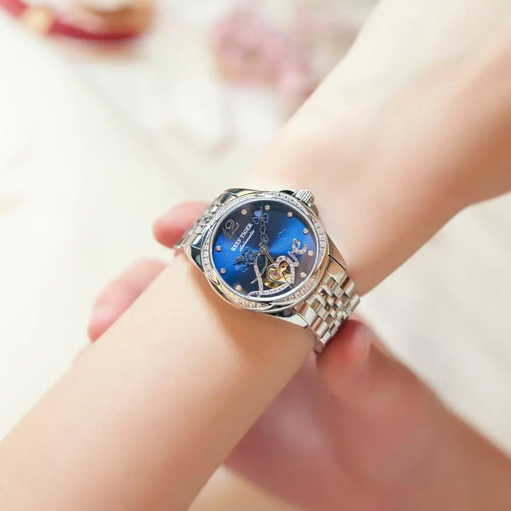

2021 Reef Tiger/RT Top Brand Luxury Flower Diamond Women Steel Bracelet Automatic Relogio Feminino RGA1583
