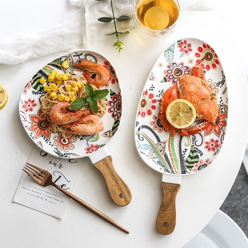 

Nordic обеденная тарелка керамическая блюда для бифштекса поднос для салата с деревянной ручкой, рождественские тарелки, домашний декор, овал...