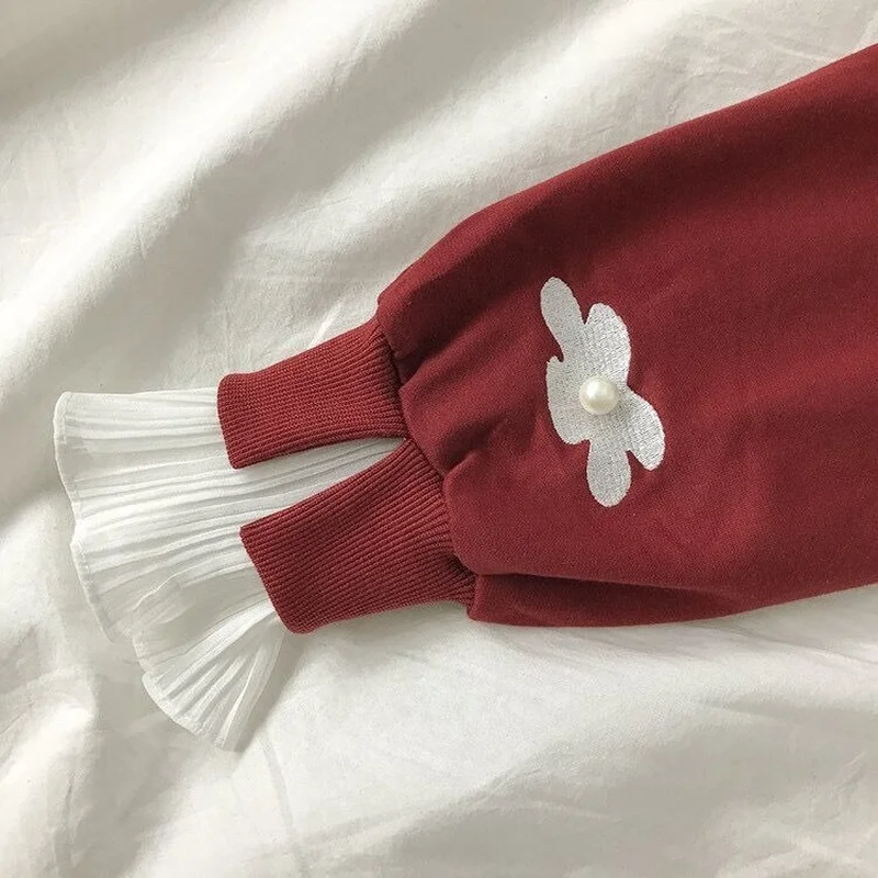 

Hoodies Women Sweet Floral Embroidery Ruffled Collar Lovely Sweatshirt Female All-match Simple Preppy Style Loose Ulzzang Cozy