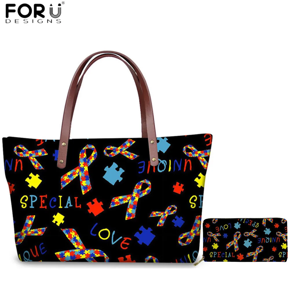 FORUDESIGNS/аутизма осведомленности Узор Сумка-тоут сумки на плечо для женщин 2