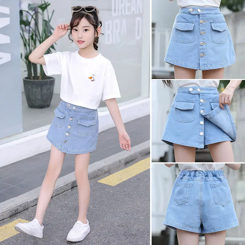 

Summer Kids Short Denim Skirts For Girls Fashion Princess Jeans Culotte Toddler Girl Skort Button-Up Divided Skirt Fall Clothing