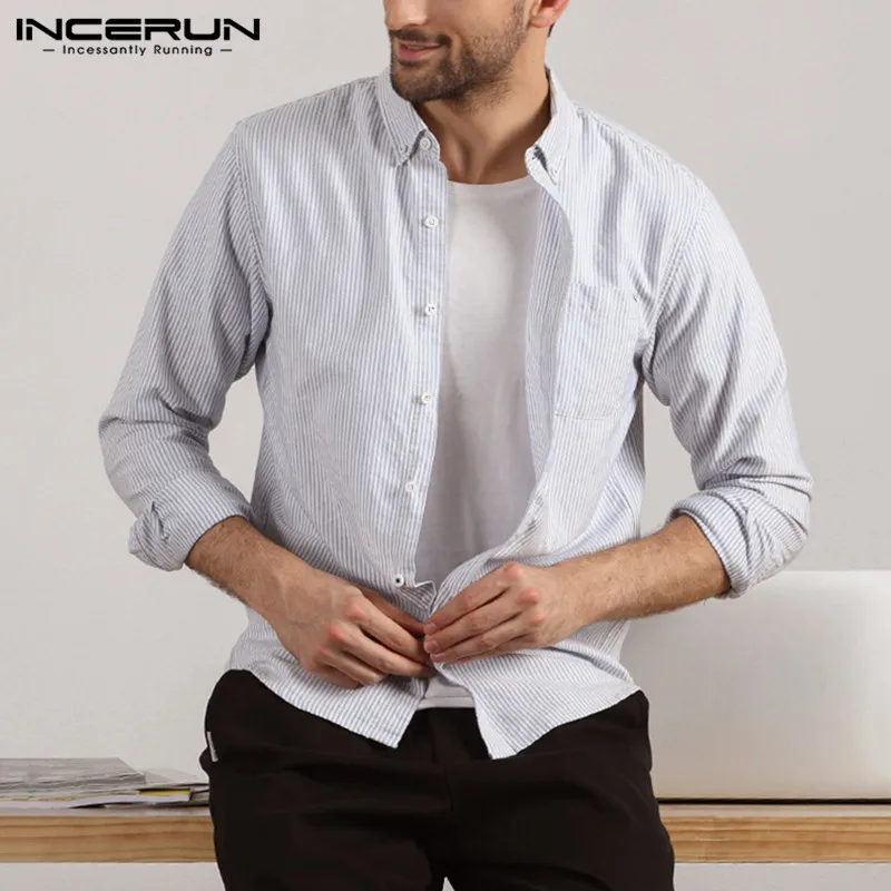 

INCERUN Man Buttons Blusas Fashion Striped Shirts Men Long Sleeve Lapel Camisa Casual Pockets Chemise Men Shirts Harajuku S-5XL