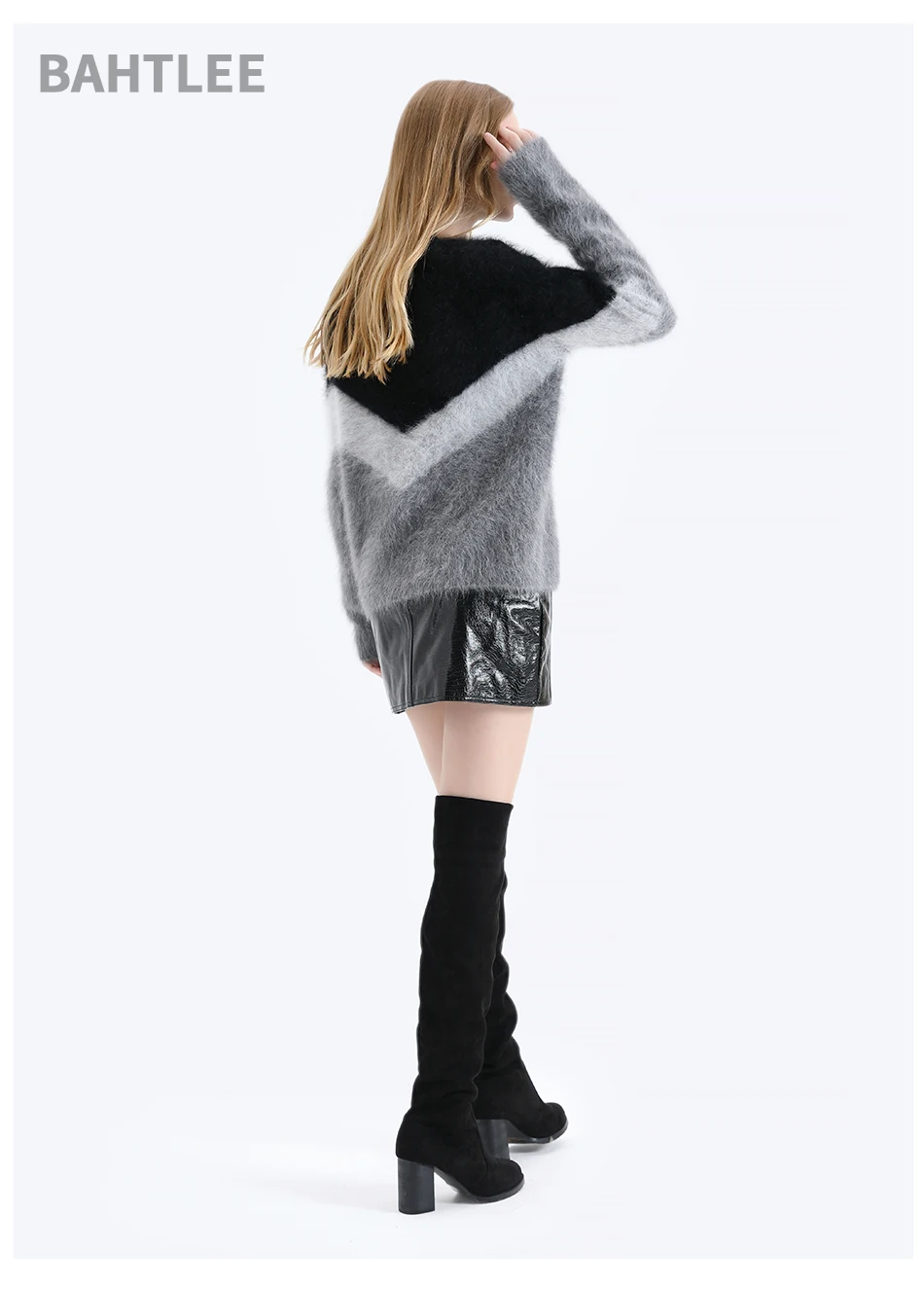 BAHTLEE Women Angora V-neck Pullovers Sweater Autumn Winter Wool Knitted Geometric Designs Jumper Long Sleeves Loose style