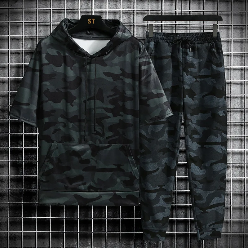 

Spring Summer New Camouflage Men's Suit Sports Fitness Short Sleeve Hoodie+Trousers Men 2 Pieces Casual Outdoor Fashion Men Sets