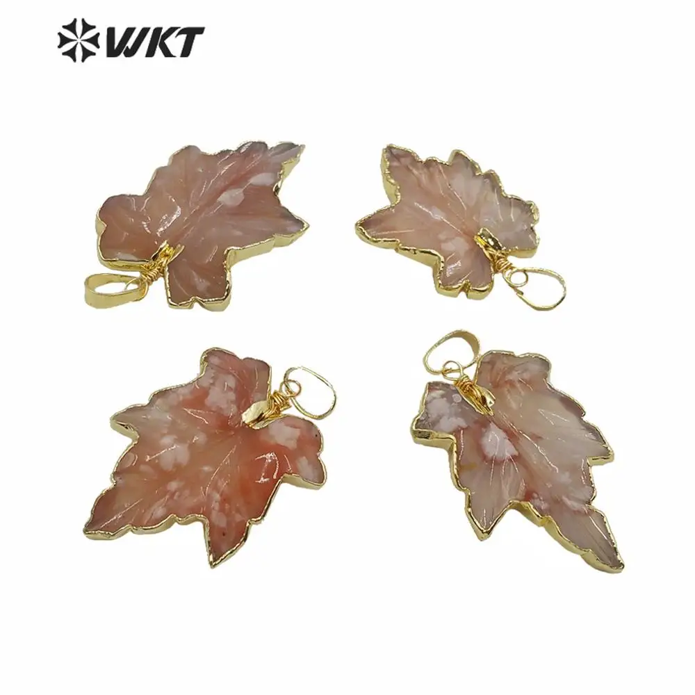 

WT-P1543 WKT wholesale fashion natural stone pendant with gold trim cherry aga te maple leaves pendant gift for woman