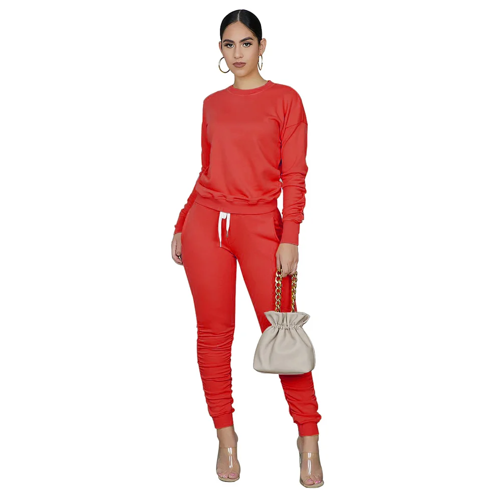 

2021 Women Fitness Two Piece Outfit Autumn Clothes Pure Color Full Sleeve Sweatshirt+drawstring Ruched Long Pant Lounge Wear Set