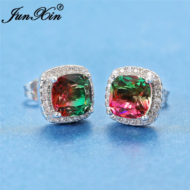 Женские квадратные серьги Мистик Радуга огненный кристалл принцесса белые