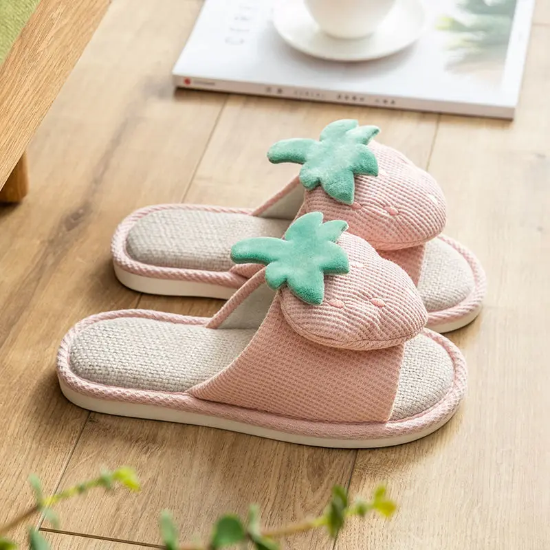 

QWEEK Women Slippers Sandals House Shoes Bedroom Flat Flip Flops Linen Korean Casual Rubber Slip-on Soft Cute Designer Cartoons