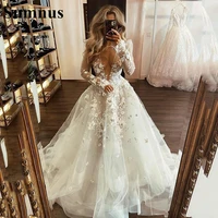 sumnus boho tulle wedding dress sexy illusion v neck long sleeve a line lace appliques 3d flower bridal gown bride dresses