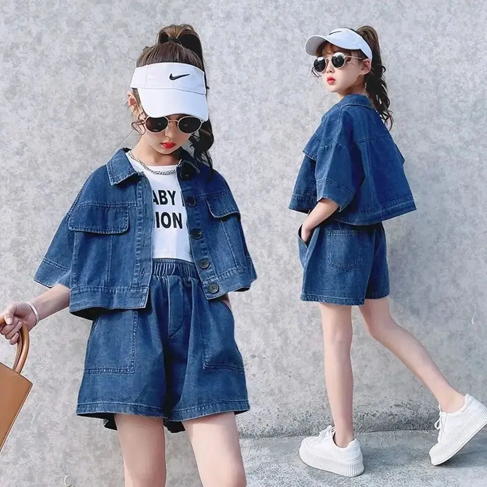 

4 To 14 Years Teens Girl Sets Summer Kids Clothes Girls Blue Denim Short Sleeve Button Shirts + Loose Shorts Vetement Fille 12 8