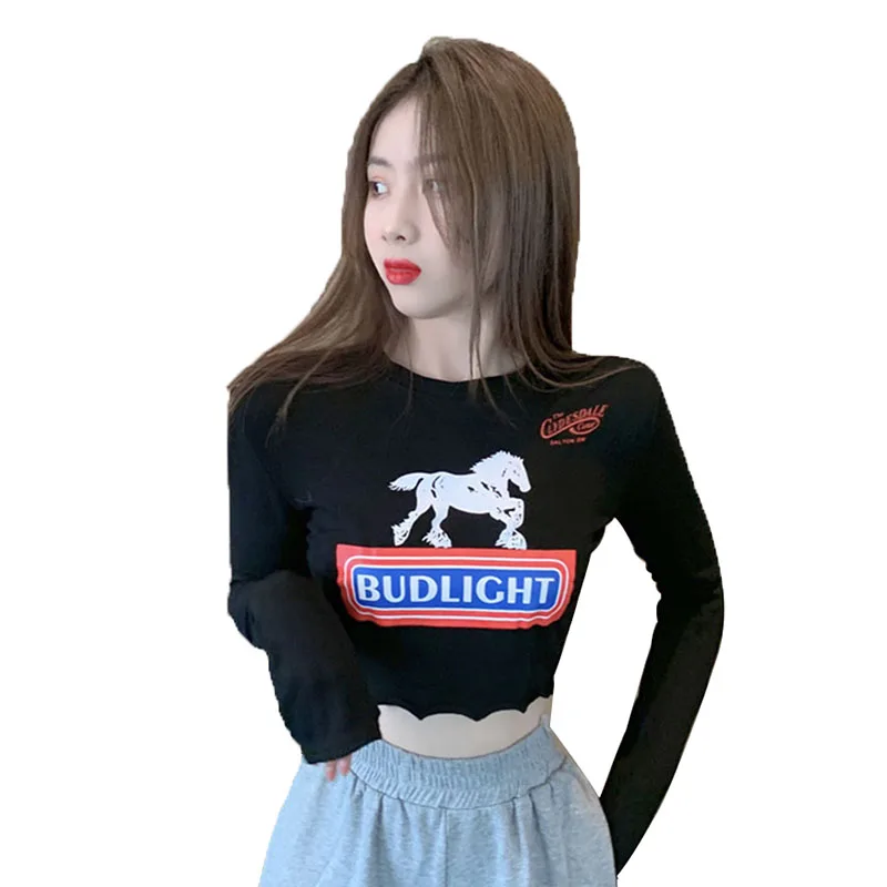 

Korean Fashion Western Style Sexy Slim Fit T Short Open Navel Long Sleeve Printed Plush Bottomed Shirt
