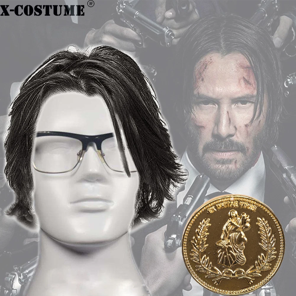 X-COSTUME, Джон уик, золотая монета и парик, косплей, аксессуары из цинкового сплава, кинокостюм, реквизит на Хэллоуин, рождественский подарок для фанатов