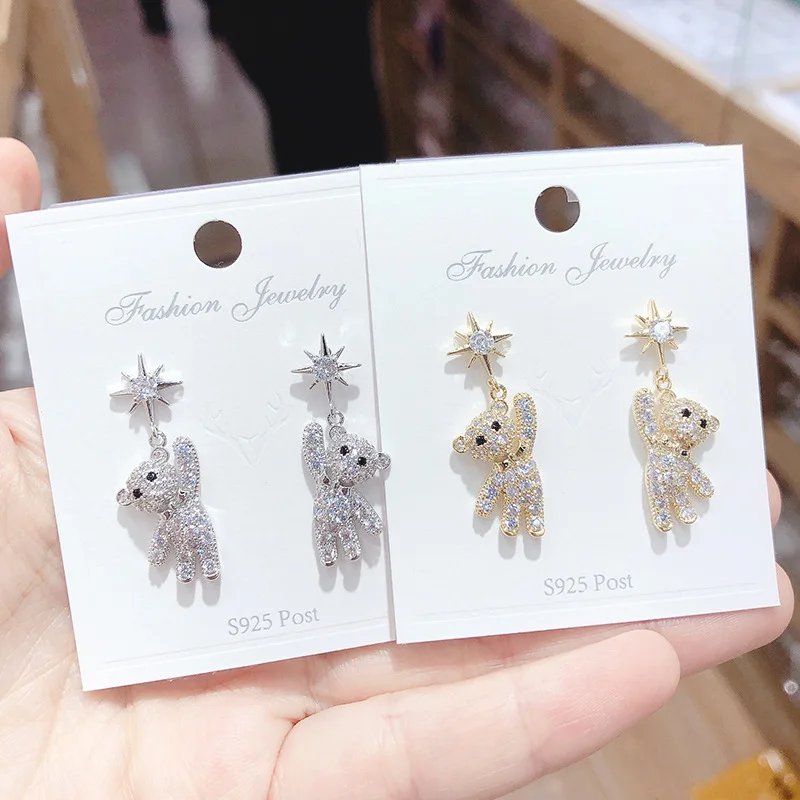 

Wholesale Silver Plated Full Rhinestone ZirconFashion Bear Cute Exquisite Light Luxury Female Trendy Stud Earrings Jewelry