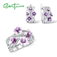 santuzza silver jewelry set for women 925 sterling silver purple flower earrings ring set trendy fine jewelry handmade enamel