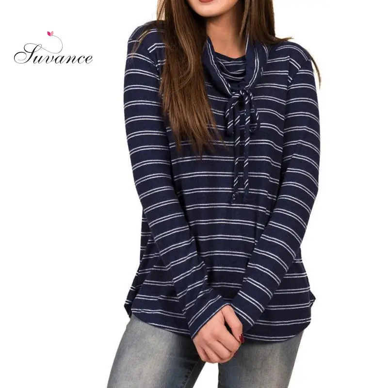 

Blue Stripes Long Sleeves Drawstrings Casual Stretchable L Women T Shirts Top
