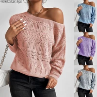 women knitted sweater long sleeve slash neck solid color hollow out pullover loose casual female autumn winter fashion wild tops