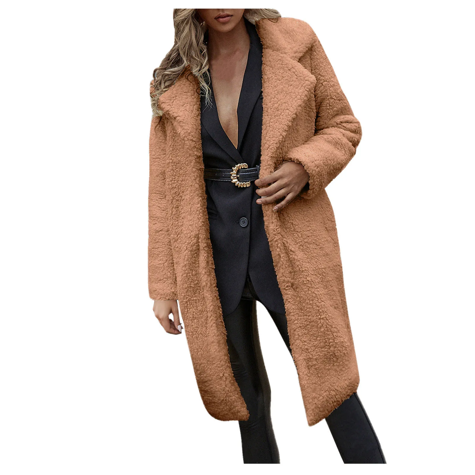 

Женская теплая зимняя флисовая куртка с отложным воротником, повседневное однотонное длинное пальто с длинным рукавом, женская верхняя оде...