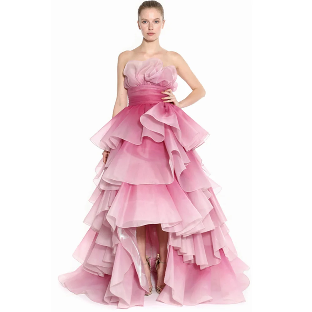 Новинка 2019 женские розовые вечерние платья с оборками без бретелек модные