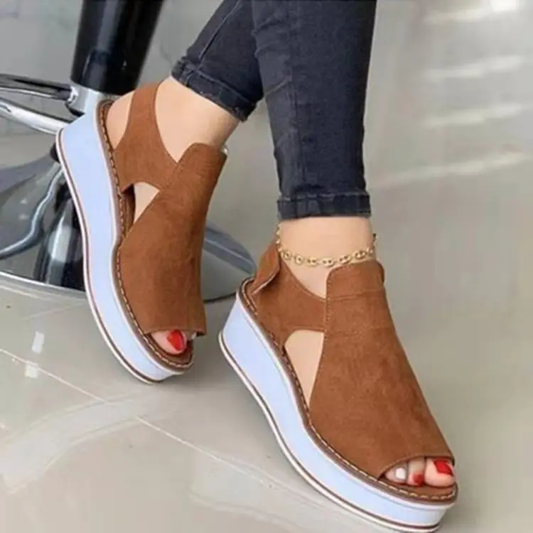 

2021 Summer Casual wedges Women Sandals Fashion Breathable Mid Heel Solid Color Footwear Women shoes Round Toe Lady Fish Mouth