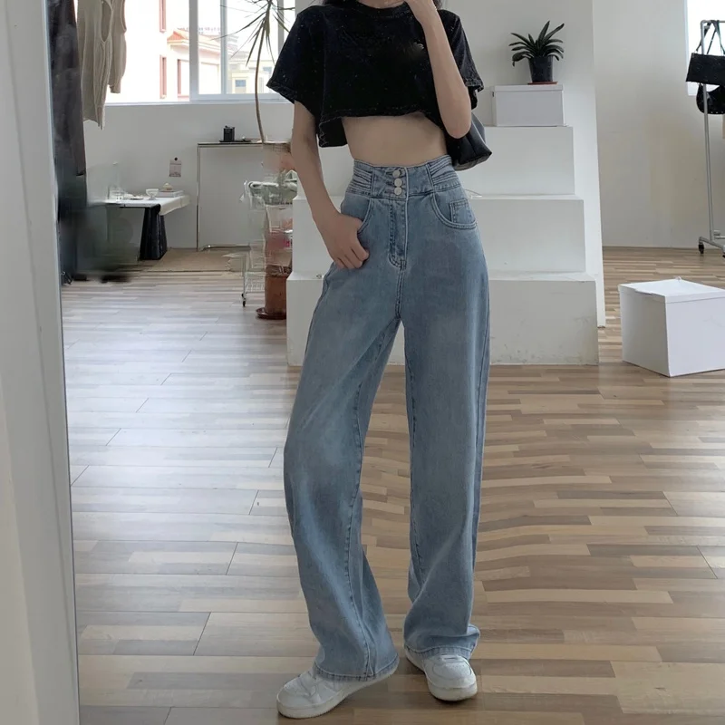

Woman Trousers 2021 Summer New High Waisted Female Loose Straight Jeans Wide Leg Pants Fashion Pant for Women Button S0034
