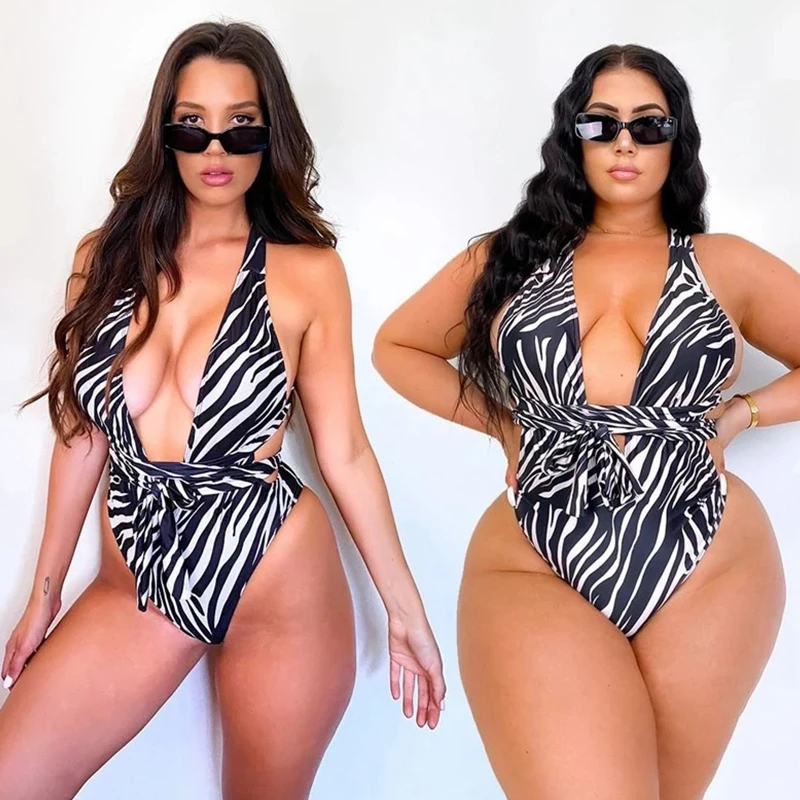 

S-5XL Plus Size Bathing Suit Women One Piece Swimsuit Plunge High Cut Monokini Deep V Swimwear Bandage Crisscross Swimsuit Sexy