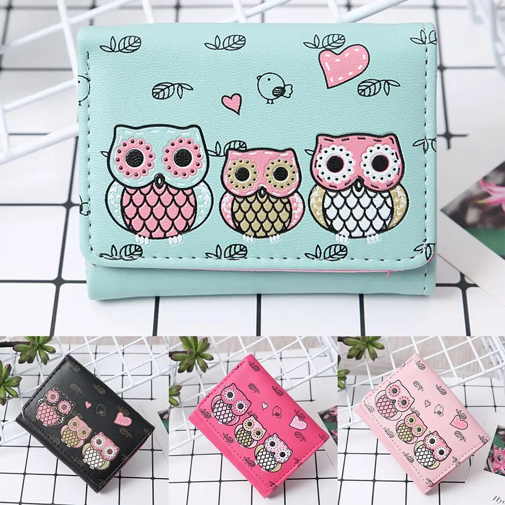 

Women Girls Cartoon Owls Pattern Faux Leather Tri-fold Mini Wallet Coin Purse