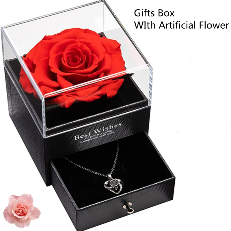 

Natural Eternal Rose Love Necklace Jewelry Box Artificial Flower Valentine Day Birthday Wedding Party For Girlfriend Wife Gifts
