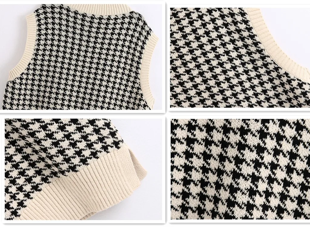 

Women Knitted Vest Pullovers V-Neck 2021 Fashion Sleeveless Houndstooth Jumper Pullovers Korean Oversized Plaid Sweater Vest