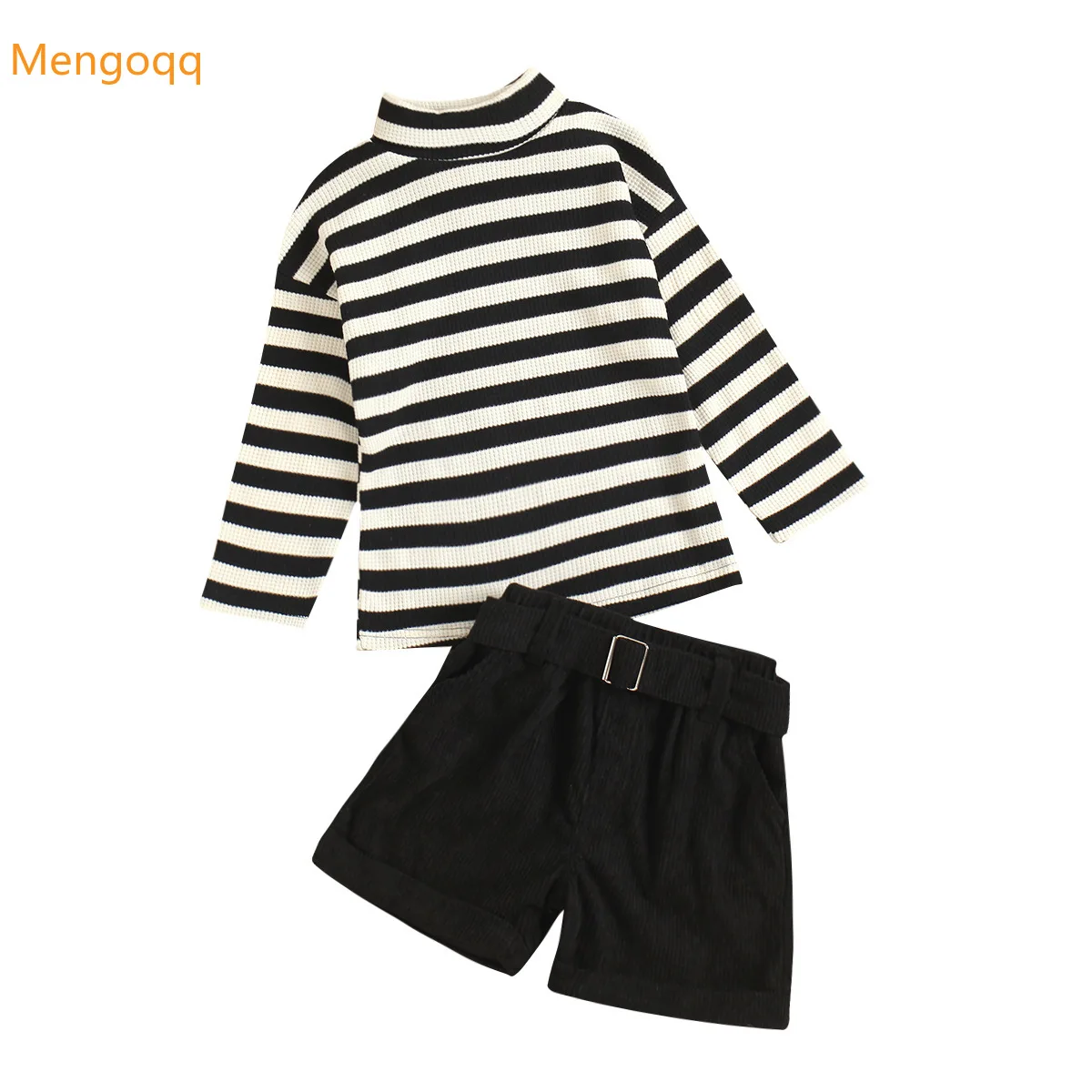 

Toddler Kids Baby Girls Autumn Full Sleeve Striped Top Shirts Solid Belt Shorts Pants Children Fashion Clothes Set 2pcs 18M-6Y