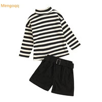 toddler kids baby girls autumn full sleeve striped top shirts solid belt shorts pants children fashion clothes set 2pcs 18m 6y