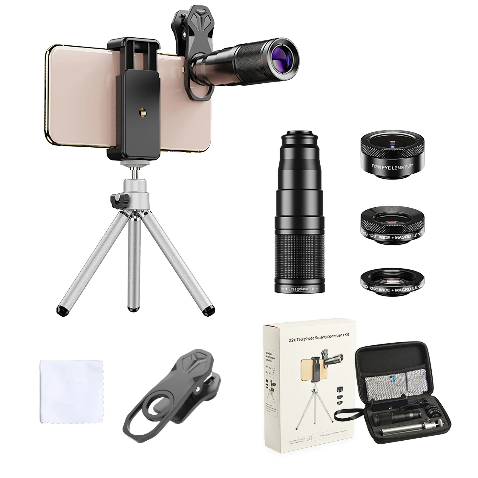 

New HD Phone Camera Lens Monocular Telescope 22X Lens Macro Wide Fisheye Lens With Remote Tripod Kit 4in1 Telephoto Zoom