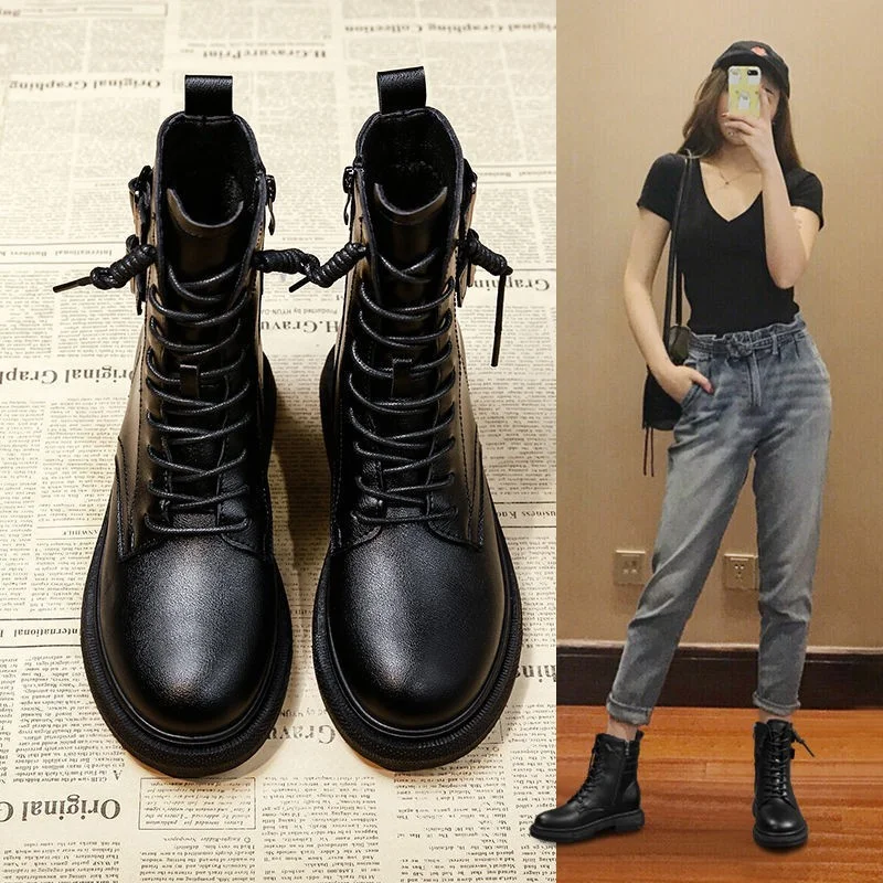 

Ботинки женские осенние из искусственной кожи, на толстой подошве, с круглым носком, на шнуровке, с пряжкой