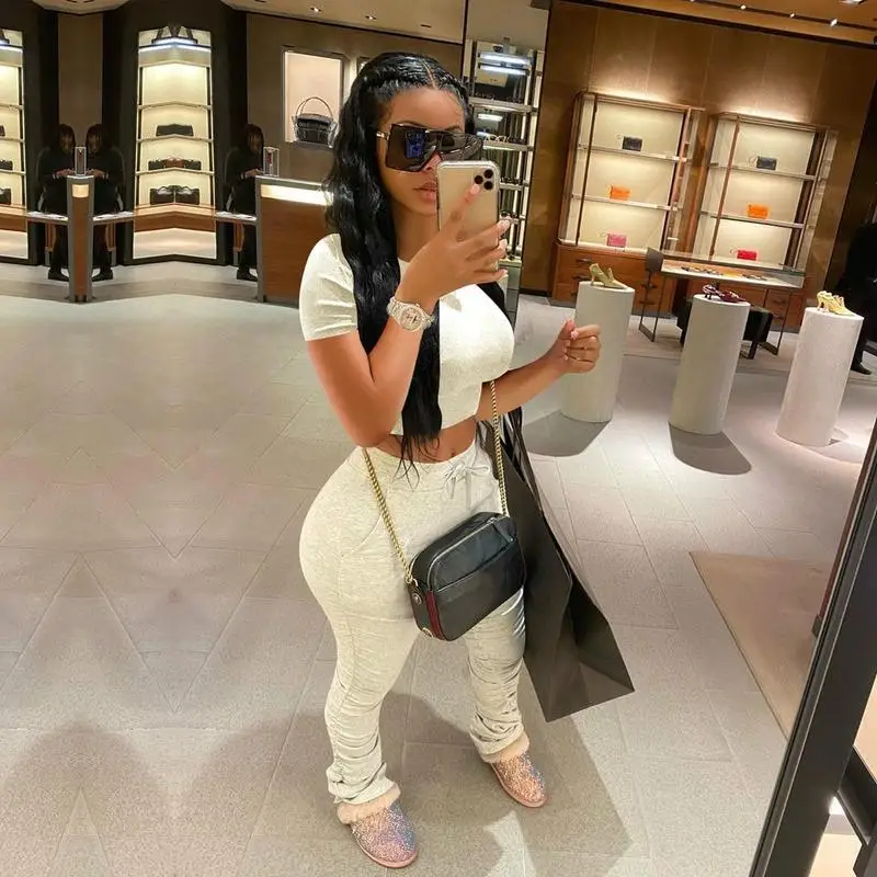 Tracksuits Women Two Piece Set Short Sleeve Shirt Crop Top + Flare Pants Casual Stacked Joggers Bell Bottom Matching Suits |