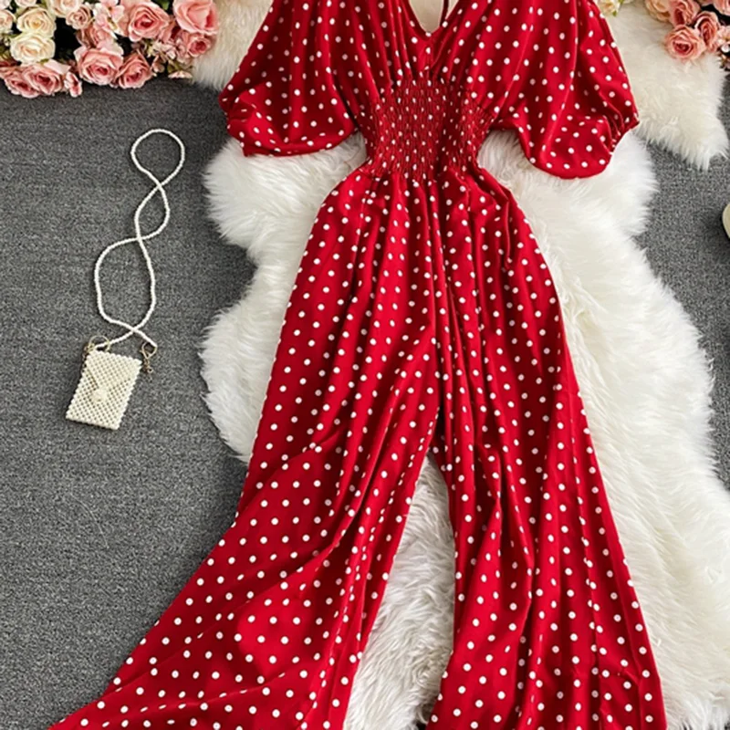 

2021new fashion casual women's wear Rompers V-neck bat sleeves waist slimming polka dot print jumpsui