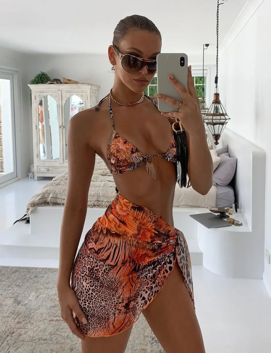 

Donsignet Woman Bikini Sets 2021 New Leopard Print Sexy Fashion Three-piece Bikini Swimsuit Bathing Suits Woman Bandeau Swimsuit