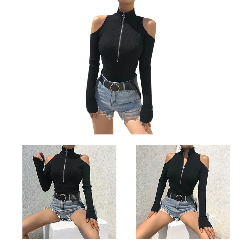 

New Style Half-High Collar Zipper Long-Sleeve Female T-Shirt Sexy Strapless Jumpsuit Women Jumpsuit