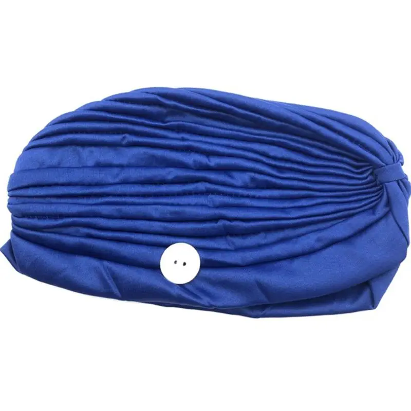 

Women Sport Turban Hat with Button Mask Holder Pleated Solid Color Beanie Cap