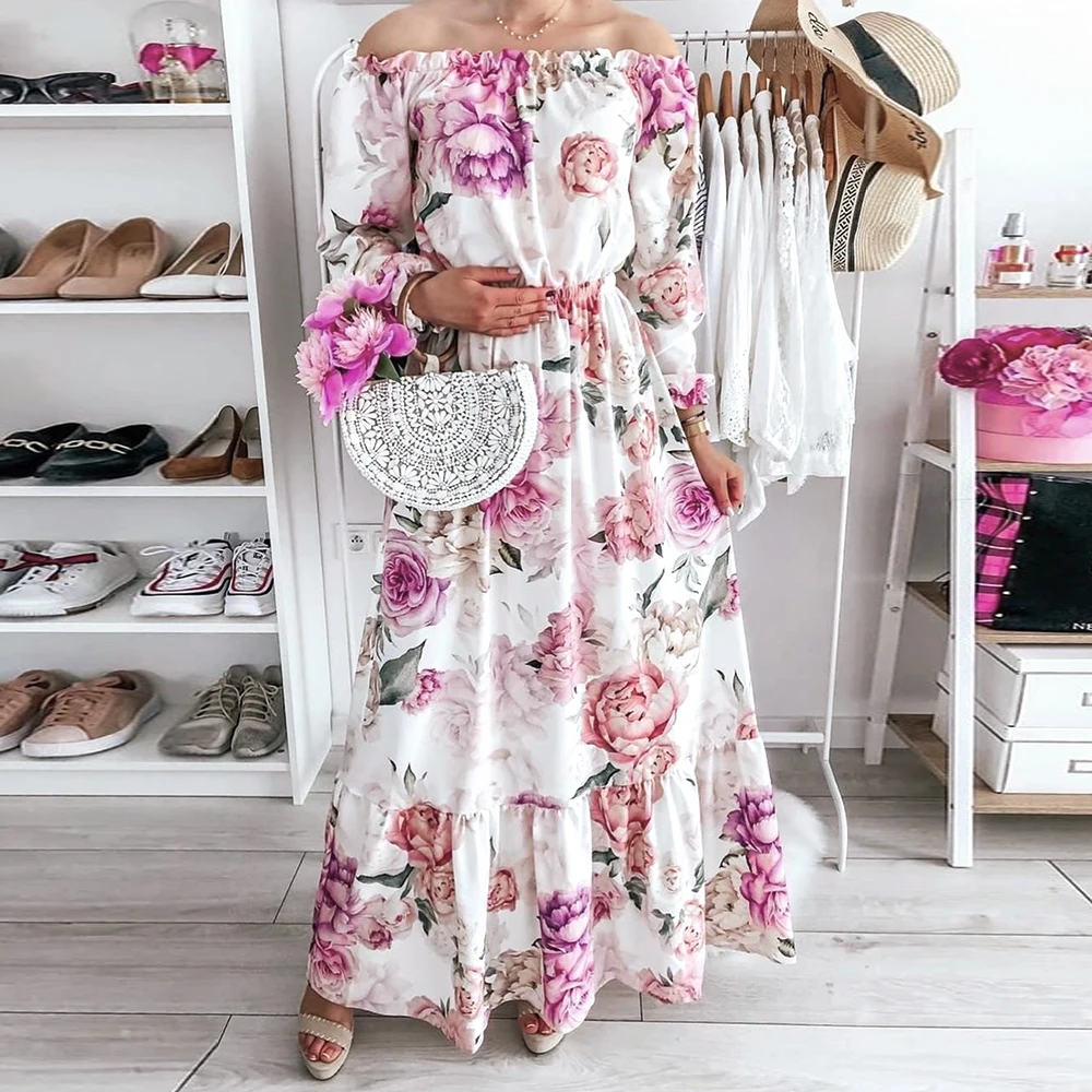 Женское праздничное длинное платье повседневное свободное с вырезом лодочкой и