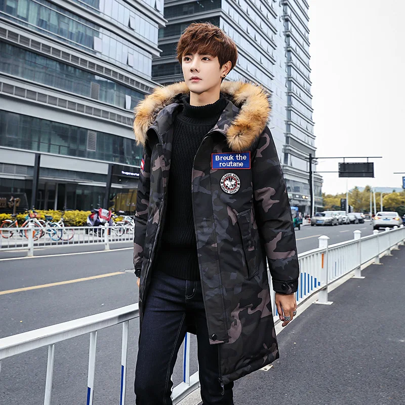 Winter 2021 new down jacket men's long thickened youth big fur collar hooded casual coat brand fashion white duck down for boys