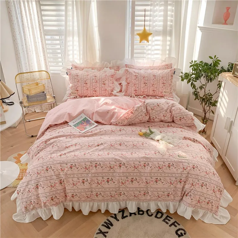 

Farmhouse Floral Ruffles Duvet Cover Set 100% Cotton Girls Rose Flower Bedding Set 3/4Pcs Fitted sheet or flat sheet Pillowcases