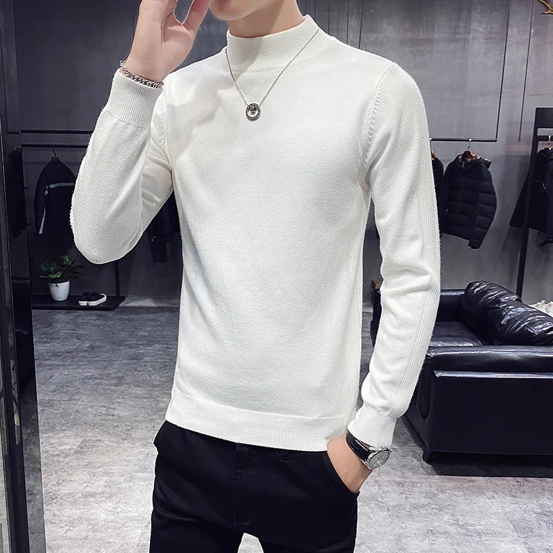 

2021 New autumn winter men's fashion Brand casual half high neck wool pullover knit bottoming shirt men solid color Slim sweater