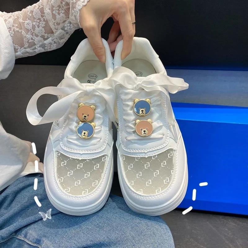 

Fashion Riband Lace Up Woman Vulcanize Shoes Bear Decoration Zapatillas Mujer Kawaii Lolita Shoes Summer Mesh Women's Footwear