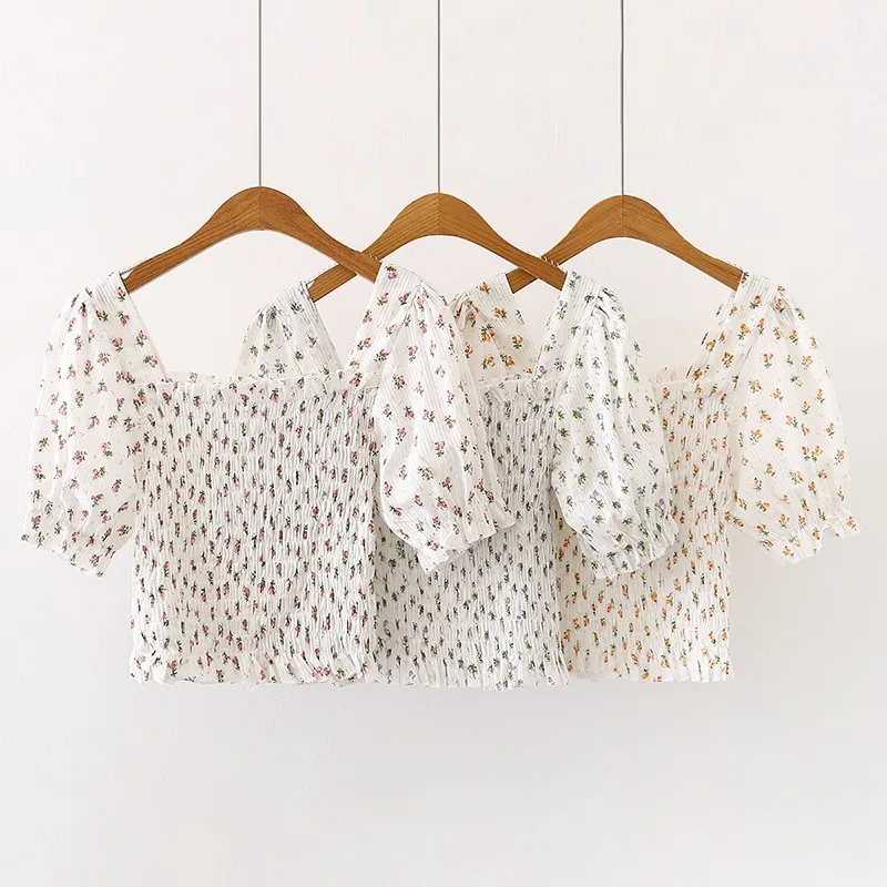 

Summer Women's Holiday Beach Floral Print Blouses Elegant Square Collar Puff Sleeve Short Sleeve Shirts New Arrival